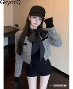 韓国風グレーツイードジャケット