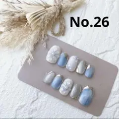 ネイルチップ　No.26 マグネット　ニュアンス　ブルー　ぷっくりフラワー