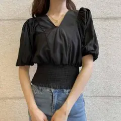 【GRL】ブラック パフスリーブ トップス Vネック