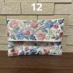 ポーチ ペンケース インド刺繍リボン ホワイト 花柄 合皮 No.187再販