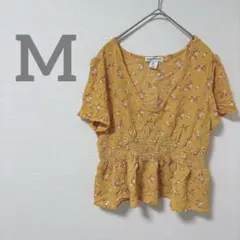 【M】花柄 シャツ イエロー ブラウス 半袖 可愛い Vネック クロップド