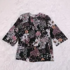 Sun Benus 七分袖チュニック　ブラウス　花柄　前ギャザー　透け感　L