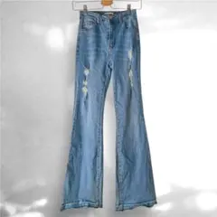 【美脚・足長効果】Blue Turtle ダメージ加工 フレアデニムパンツ