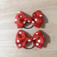 リボンヘアゴム　ハンドメイド　赤ドット