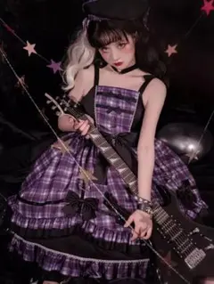 紫✖️黒　チェック柄ロックロリータ ハロウィン　ゴシック