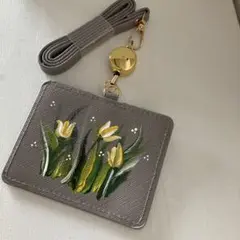 ★花柄★グレー パスケース リール式ストラップ付き トールペイント