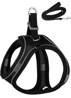 【新品未使用/リード付】ハーネス ブラック小型犬猫兼用 通気メッシュ 着脱簡単