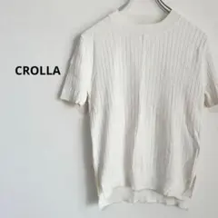 CROLLA 半袖　ニット　Uネック　白　ストライプ　M