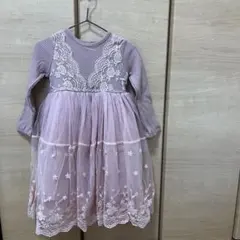 キッズ 長袖ワンピース レース チュール ピンク