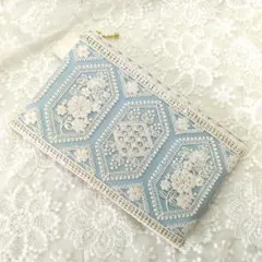 【1005】インド刺繍リボン　フラットポーチ　ハンドメイド　スノーブルー