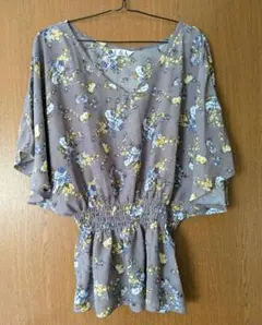 花柄七分袖 チュニック ブラウングレー系