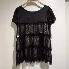 美品 ロペ ROPE レース ティアード ブラウス 半袖 黒 異素材 シフォンのサムネイル