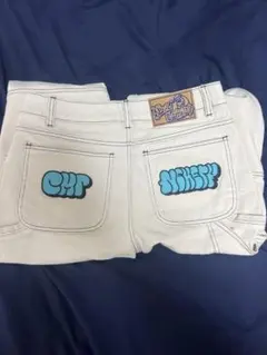 9090 ホワイトデニムパンツ刺繍デザイン L