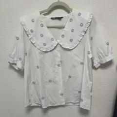 ZARA フリル襟 花柄刺繍 半袖シャツ