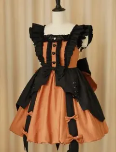 魔女風コスチューム オレンジと黒　メイド　ハロウィン S
