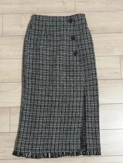 HeIm ツイードスカート M チェック柄 フリンジ裾 フロントスリット