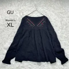 【GU】刺繍ブラウス 黒 フリル袖 XL ゆったり フォークロア レーヨン混