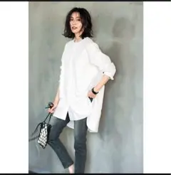 [S・girasole]ノーカラー超バックロングシャツ ホワイト