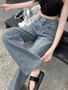 【SHEIN】DAZY フレアパンツ ラインストーン装飾のサムネイル