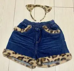 【未使用・開封】ヒョウ柄ファー付きデニムショートパンツ 耳カチューシャおまけ付き
