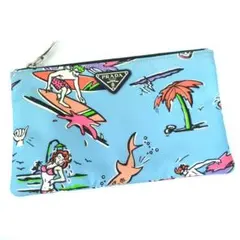 PRADA プラダ ナイロン コスメポーチ サーフ柄 トライアングルロゴ 水色のサムネイル