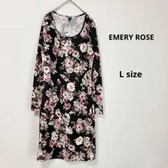 EMERY ROSE 花柄ワンピース　L ブラック　長袖　ひざ丈　Uネック