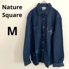 Naturesquare デニム長袖シャツ ブルー 犬足跡/犬デザイン M 襟付