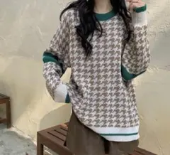 レトロ 千鳥チェック 千鳥格子 ニットセーター トップス ラウンドネック