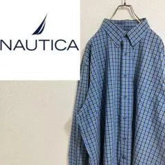 【刺繍】NAUTICAノーティカ　ボタンダウン長袖シャツ　チェック　青黒　XXL