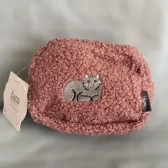 fam ボアポーチ 猫刺繍 ピンク
