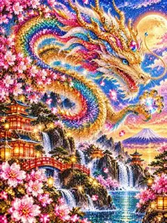 オリジナルデジタルアートプリント 龍 桜 富士山 幻想的ポスターA4