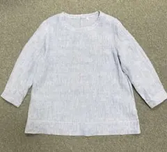 美品 無印良品 リネン 洗いざらし七分袖ブラウスS ストライプ ブルー系