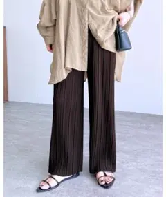 reca セミワイド　プリーツパンツ　ワイドパンツ　ブラウン　プリーツ　L