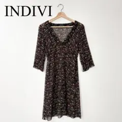INDIVI インディヴィ シフォンワンピース 七分袖 更紗柄 黒 5号 日本製