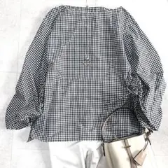 未使用級 ローズティアラ ギンガムチェック ブラウス 黒 白 七分袖 