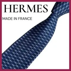 【美品】HERMES エルメス ネクタイ 総柄 ネイビー 紺 シルク100%