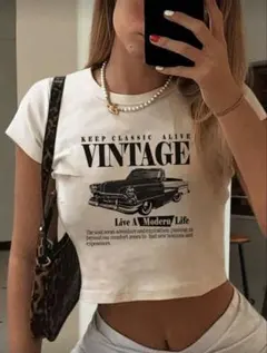 ヴィンテージカー プリント クロップドTシャツ