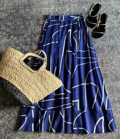 美✨人気柄　春大人マリン風　麻フレアースカート　スピック&スパン　イエナ　青