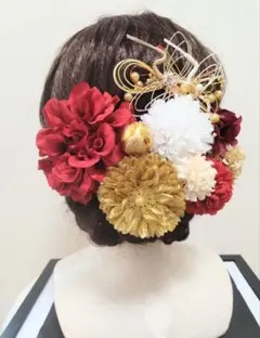 和装髪飾り　(赤ダリア＆鶴水引)　結婚式　成人式　七五三　卒業式　謝恩会　振袖
