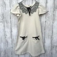 メゾピアノ　キッズ　フレア袖ワンピース　アイボリー　ベロアリボン　ラメ　130