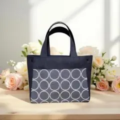 ハンドメイド トートバッグ　ソフトデニム生地　タンバリンサークル刺繍