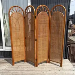 Kazama ラタン パーテーション 4連 衝立 間仕切り 籐家具 昭和レトロ