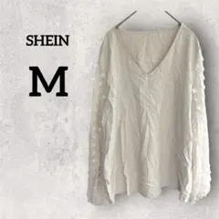 SHEIN【M】クリーム色 袖薄ピンク Vネック長袖ブラウス