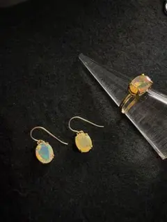 プレシャスオパール　オーバルファセット　リング　ピアス　ハンドメイド　2点セット