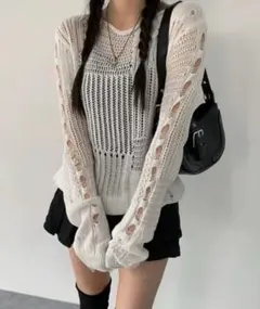 ダメージニット ホワイト 長袖