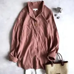 美品▲ビューティーアンドユース シルク風 シャツ 長袖 ピンクブラウン M