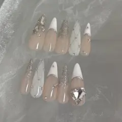 ネイルチップ ギャルネイル ロング 埋め尽くし　ハート　ワンホン シルバー