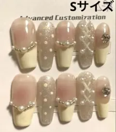 【セツ】パール　チーク　フレンチ現品ネイルチップ　付け爪(A0219)