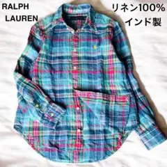美品 ラルフローレン リネンシャツ マドラスチェック 赤ポニー刺繍