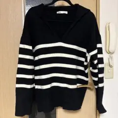 ZARA ブラック/ホワイト ボーダー Vネックセーター M